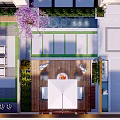 Garden Landscape Design With Patio Dining Table Purple Flowering Tree And Water Feature
