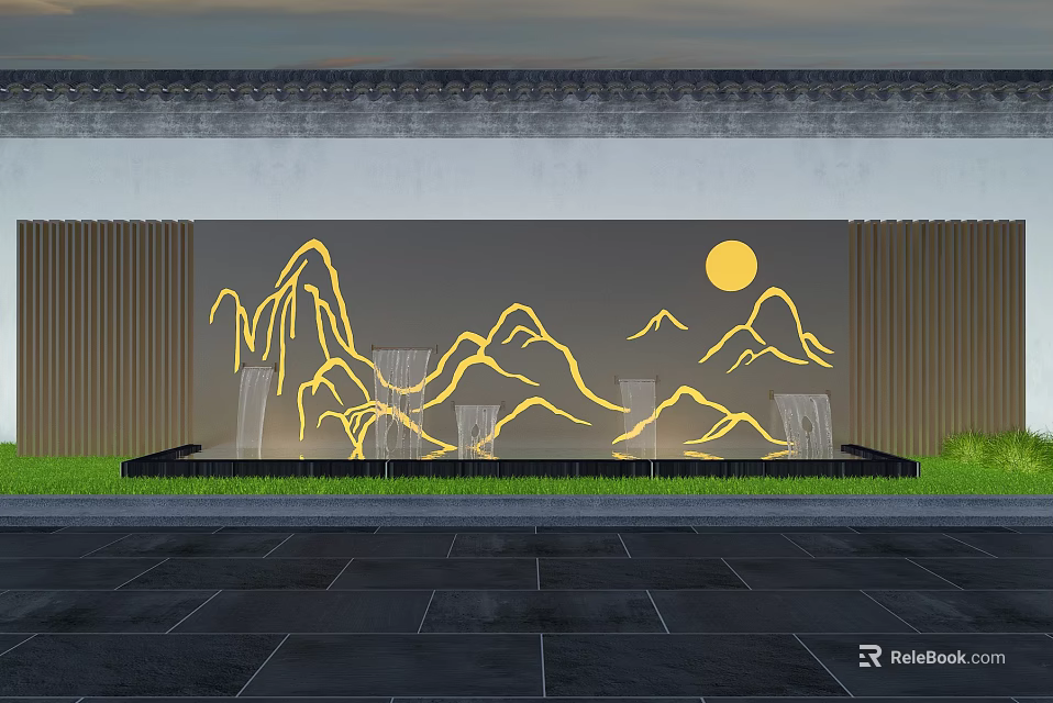Outdoor Garden Landscape Featuring Golden Mountain Design Circular Sun And Green Grass 3d model 