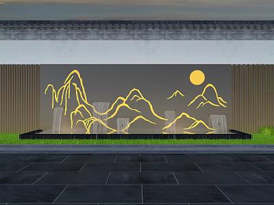 Outdoor Garden Landscape Featuring Golden Mountain Design Circular Sun And Green Grass 3d model