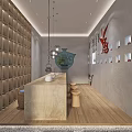 Elegant Indoor Corridor With Stone Path Bamboo Windows Grid Wall Storage And Hanging Lamp 3d model