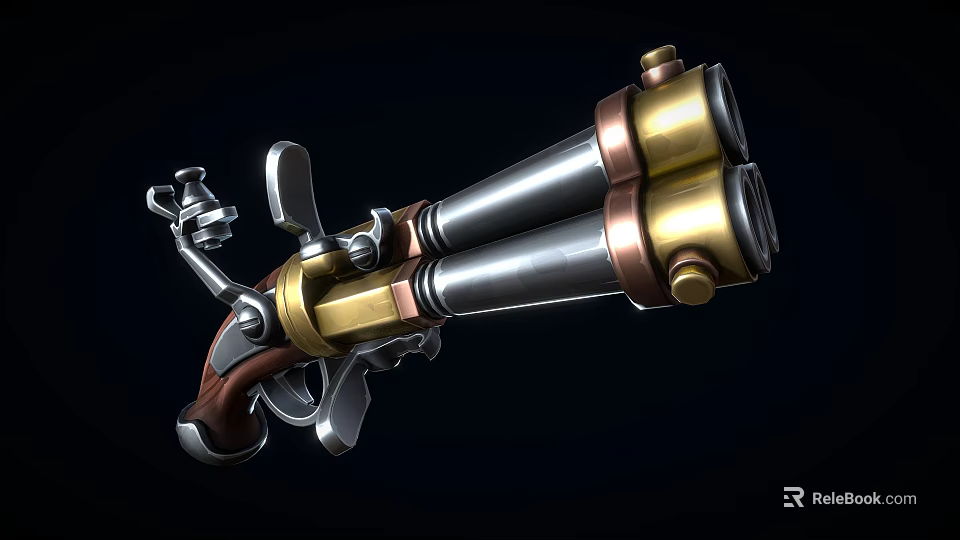 Vintage Double Barrel Pistol With Metal And Wooden Parts Gold Silver Copper Brown Colors 3d model 
