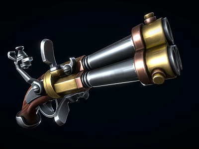 Vintage Double Barrel Pistol With Metal And Wooden Parts Gold Silver Copper Brown Colors 3d model