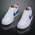 White Sneakers With Blue Logo And Red Heel Design For Casual Style