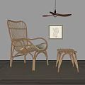 Natural Rattan Lounge Chair With Matching Small Stool Decorative Painting And Ceiling Fan