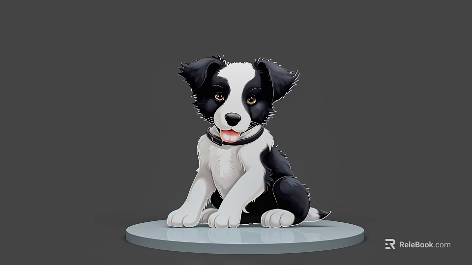 Cute Black And White Puppy Cartoon Illustration Sitting On Round Platform 3d model 
