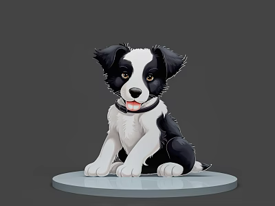 Cute Black And White Puppy Cartoon Illustration Sitting On Round Platform 3d model
