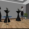 Indoor Interior Scene With People High Glass Top Tables Black Decor And Plants Lighting