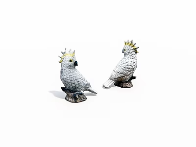 White Parrot Decorative Figurines With Yellow Crests And Stone Bases 3d model