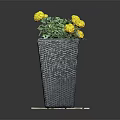 Yellow Flowering Plant with Green Leaves in Gray Square Woven Planter on Wooden Plank Base