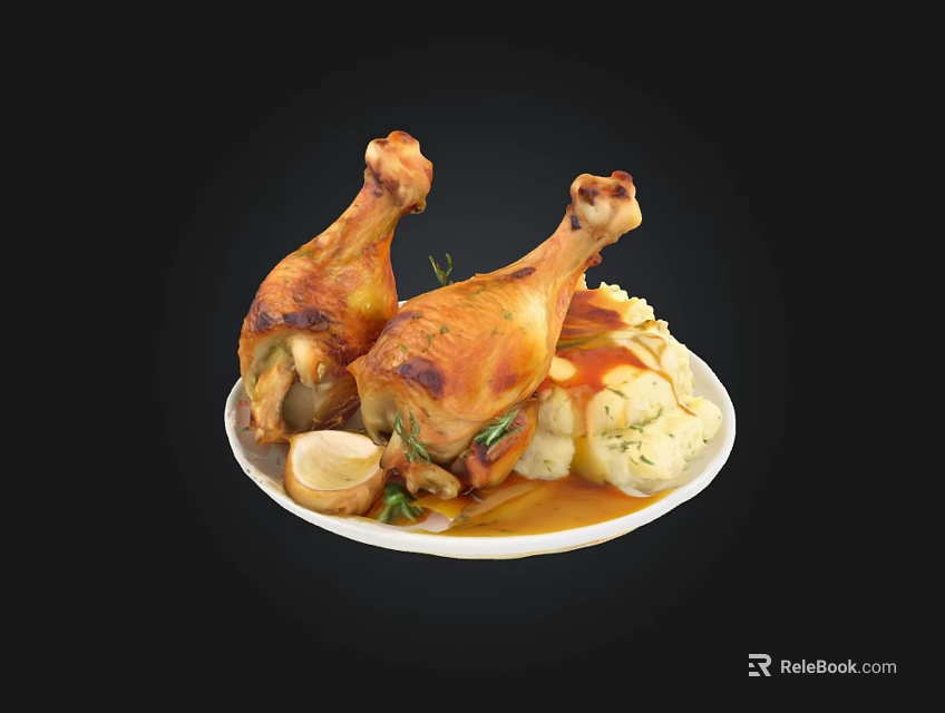 Delicious Roasted Chicken Drumsticks with Mashed Potatoes Herbs Garlic and Savory Sauce 3d model 