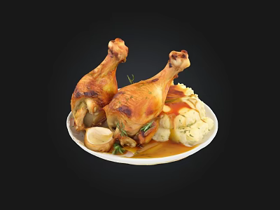Delicious Roasted Chicken Drumsticks with Mashed Potatoes Herbs Garlic and Savory Sauce 3d model