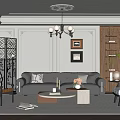 Elegant Living Room Interior With Black Leather Sofa Chandelier Decorative Screens And Wall Moldings