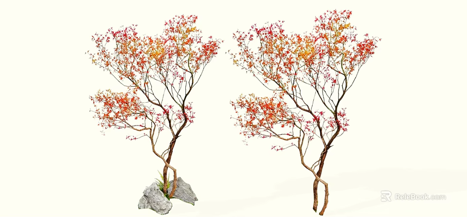 Two Arbor Trees with Red and Orange Leaves Curved Trunks and Stone Base 3d model 