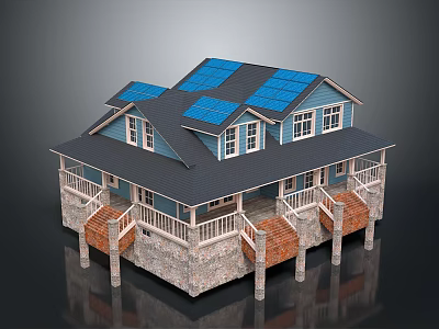 Modern House With Blue Solar Panel Roof Stone Base Porches Wooden Stairs And Multiple Windows 3d model
