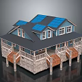 Modern House With Blue Solar Panel Roof Stone Base Porches Wooden Stairs And Multiple Windows