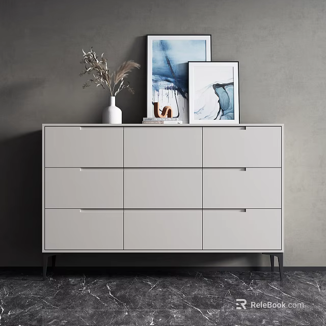 Modern White Console Cabinet For Entryway With Decorative Vase Frames And Dried Flowers 3d model