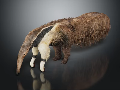 Giant Anteater With Long Snout Furry Body And Black White Markings On Dark Surface 3d model