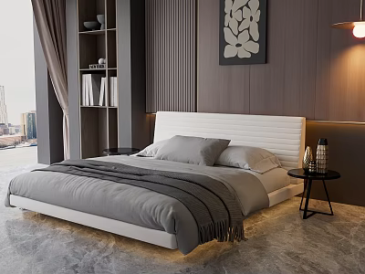 Modern Double Bed With White Headboard Gray Bedspread Leaf Wall Art Side Table 3d model
