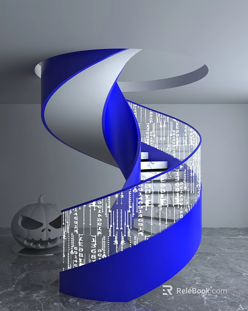 Blue And White Spiral Staircase With Digital Code Pattern And Pumpkin Decoration 3d model