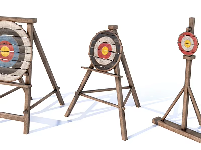 Archery Targets With Wooden Stands And Colorful Rings In Various Sizes 3d model