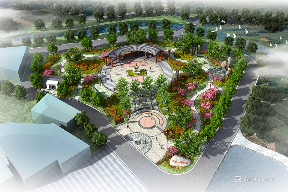 Elegant Park Landscape with Circular Plaza Pavilion Trees and Flower Paths 3d model 