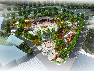 Elegant Park Landscape with Circular Plaza Pavilion Trees and Flower Paths 3d model