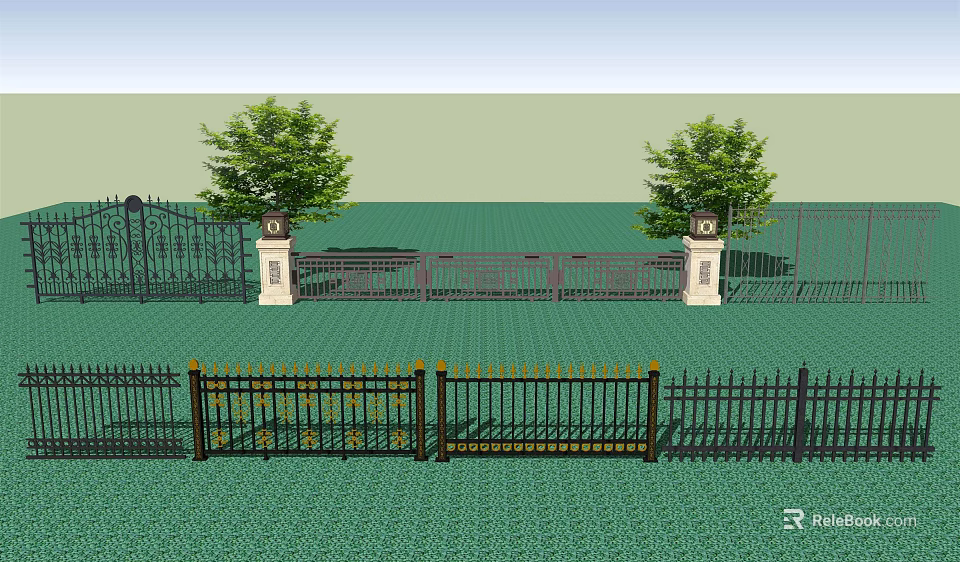 Decorative Iron Fence Design With Ornate Pillars Green Lawn And Trees 3d model 