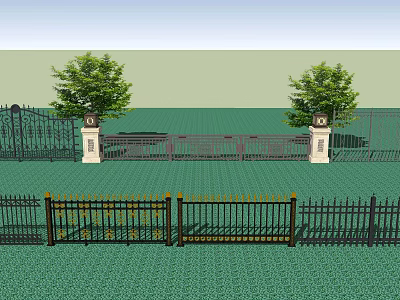 Decorative Iron Fence Design With Ornate Pillars Green Lawn And Trees 3d model