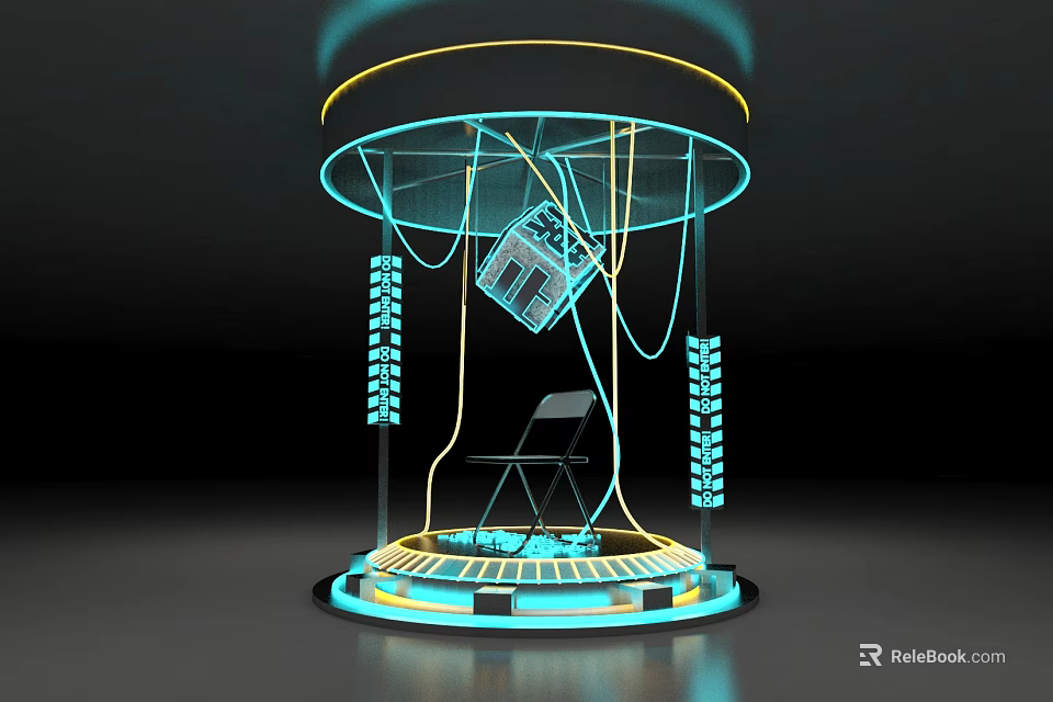 Innovative Installation Featuring Neon Lights Transparent Structure Chair And Circular Base 3d model 