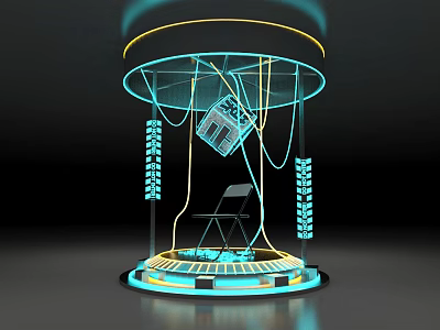 Innovative Installation Featuring Neon Lights Transparent Structure Chair And Circular Base 3d model