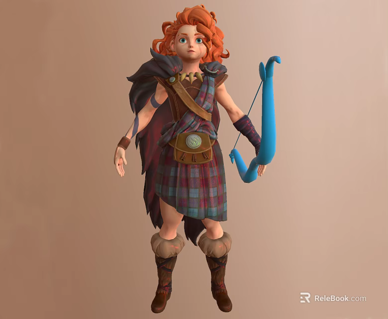 Red Haired Girl Wearing Scottish Plaid Skirt With Blue Bow Cloak Quiver And Boots 3d model 
