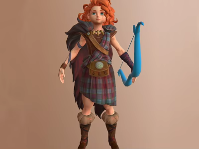Red Haired Girl Wearing Scottish Plaid Skirt With Blue Bow Cloak Quiver And Boots 3d model