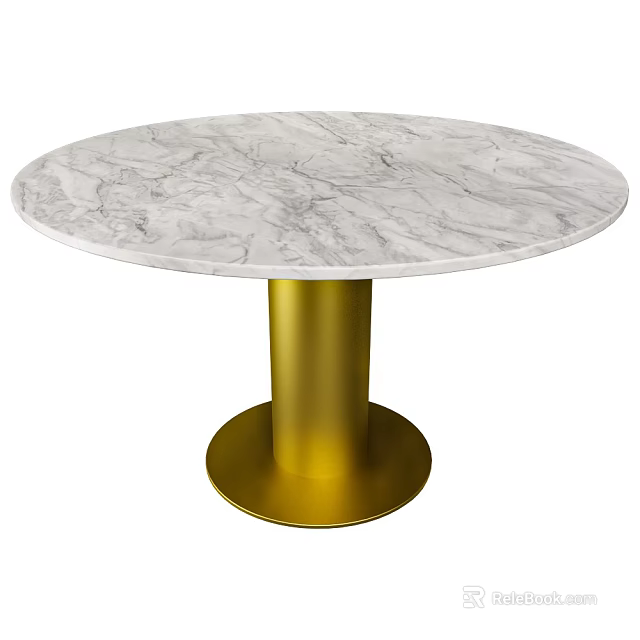 Modern Round Dining Table With White Marble Tabletop And Gold Cylindrical Base 3d model