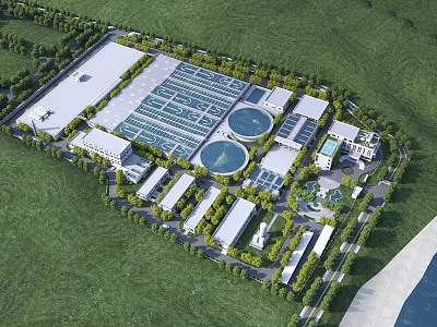 Aerial View of Industrial Factory with Multiple Buildings Green Areas and Roads 3d model