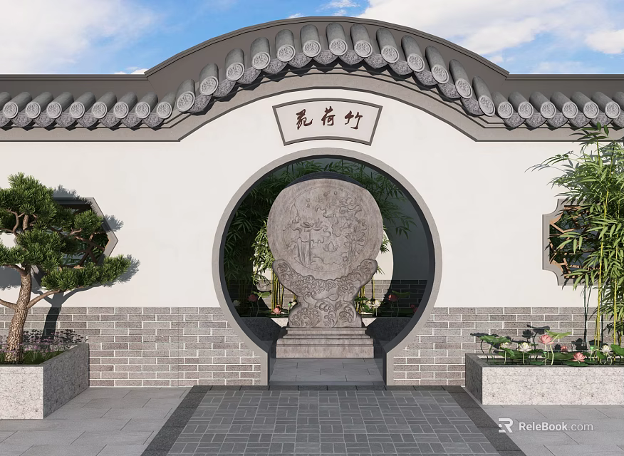 Traditional Chinese Building Exterior Wall With Curved Tile Roof Circular Archway Stone Carving Screen 3d model 