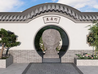 Traditional Chinese Building Exterior Wall With Curved Tile Roof Circular Archway Stone Carving Screen 3d model