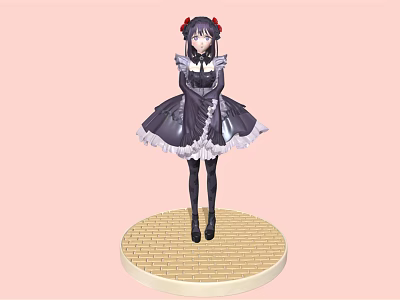 Anime Maid Character Standing With Butterfly On Brick Base Pink Background 3d model