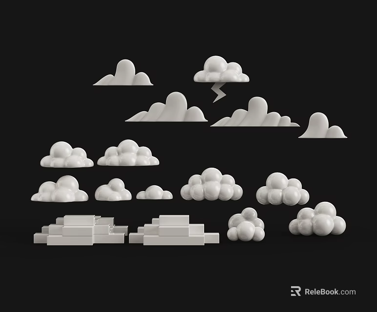White Decorative Cloud Shapes And Step Structures 3D Models On Black Background 3d model 