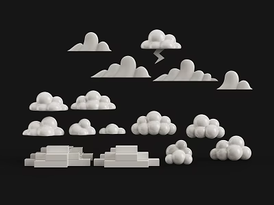 White Decorative Cloud Shapes And Step Structures 3D Models On Black Background 3d model