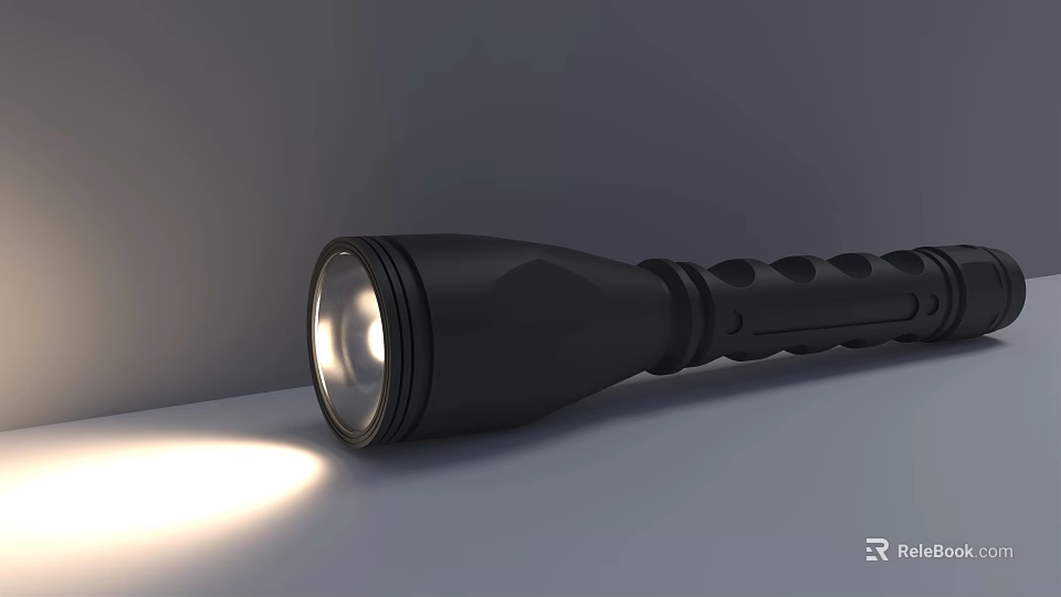Black Flashlight With Textured Grip And Bright Illuminating Light Beam 3d model 