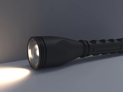 Black Flashlight With Textured Grip And Bright Illuminating Light Beam 3d model