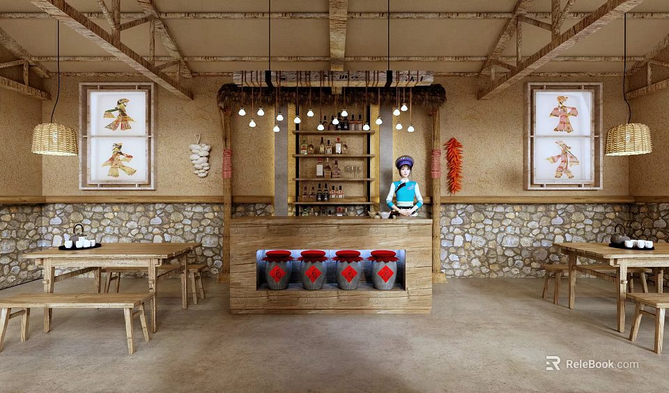 Rustic Restaurant Interior With Wooden Bar Tables Decorative Jars Stone Walls And Hanging Lights 3d model 