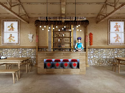 Rustic Restaurant Interior With Wooden Bar Tables Decorative Jars Stone Walls And Hanging Lights 3d model