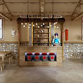 Rustic Restaurant Interior With Wooden Bar Tables Decorative Jars Stone Walls And Hanging Lights