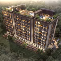 Modern Multi Story Apartment Building With Balconies Greenery People Walking And Parked Cars