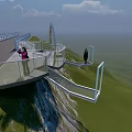 Modern Curved Viewing Platform With Glass Railings On Hilltop Grass And Rocks