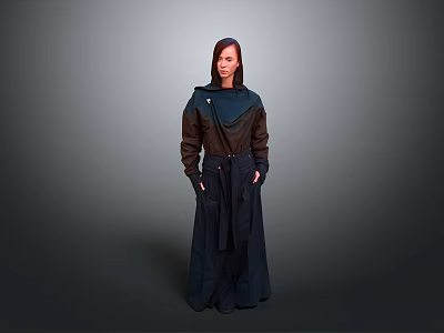 Stylish Woman In Long Dark Coat With Brown And Blue Panels And Pockets Standing 3d model