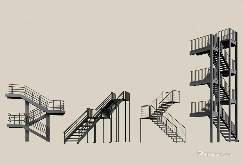 Modern Metal Staircase Designs with Handrails and Various Structural Styles 3d model