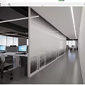 Modern Office Corridor Interior With White Walls Mesh Partitions And Gray Floor