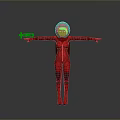Character In Red Bodysuit With Blue Helmet Outstretched Arms And Holding Airplane Model